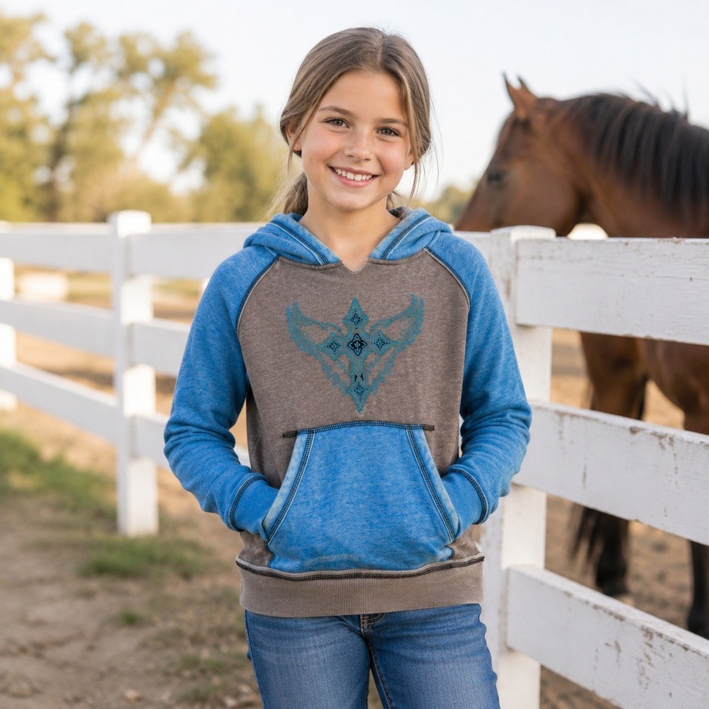 Cowgirl Hardware Girls M Blue Grey Acid Wash Rhinestone Winged Cross Hoodie NWT